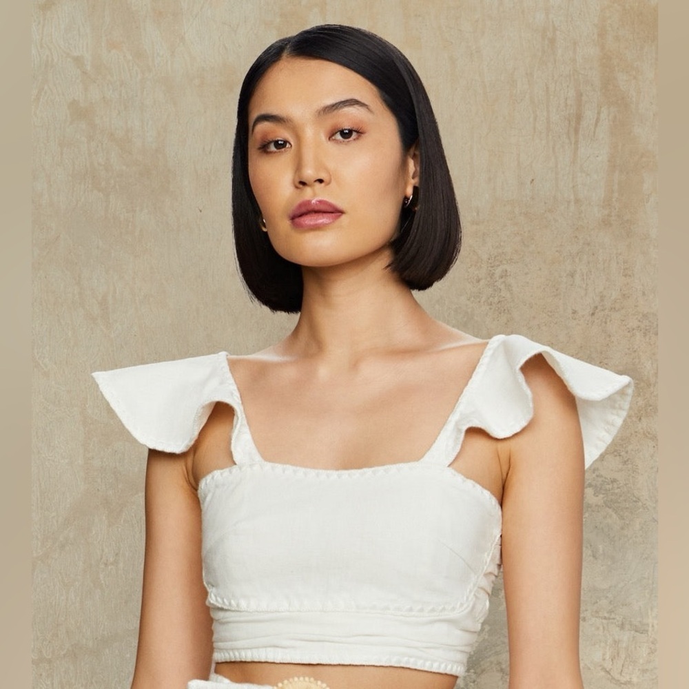 NWT AMUR Lanna Top Off-white Linen Cotton Blend Ruffle Sleeve Size 8